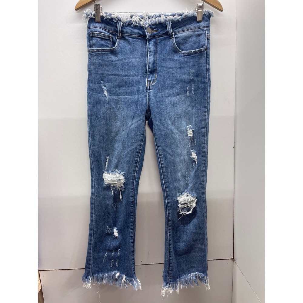 Risen Los Angeles Distressed Frayed Waist Jeans Medium Wash Size 5 27
